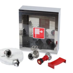 Cutie hidrant cu geam, tambur INOX pentru furtun si yala – INOX – ( 570x500x180 ) echipata ( robinet hidrant alama cu racord, rola C cu racorduri, teava MIAMI cu racord ) – IMPORT – AVIZ C.E.