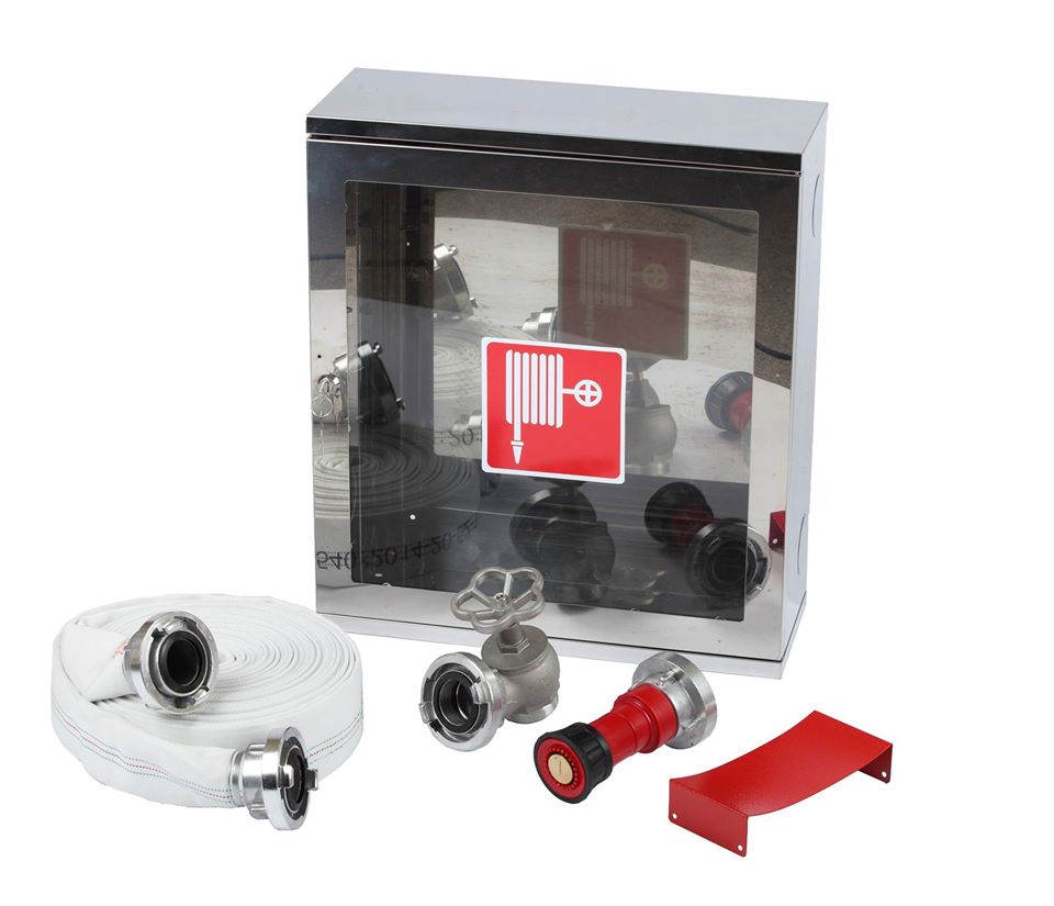 Cutie hidrant cu geam, tambur INOX pentru furtun si yala – INOX – ( 570x500x180 ) echipata ( robinet hidrant alama cu racord, rola C cu racorduri, teava MIAMI cu racord ) – IMPORT – AVIZ C.E.