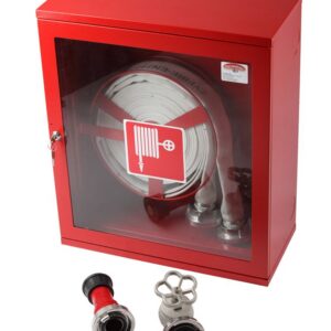 Cutie hidrant cu geam, ​tambur ​pentru furtun si yala – RAL 3000 – ​( 650x550x200 )​ echipata ( robinet hidrant ​aluminiu​ cu racord, rola C cu racorduri, teava MIAMI cu racord ) – ​IMPORT – AVIZ C.E.