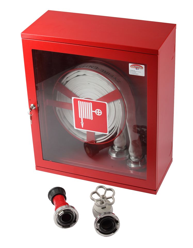 Cutie hidrant cu geam, tambur pentru furtun si yala – RAL 3000 – ( 650x550x200 ) echipata ( robinet hidrant aluminiu cu racord, rola C cu racorduri, teava MIAMI cu racord ) – IMPORT – AVIZ C.E.