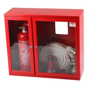 Cutie hidrant cu geam, tambur pentru furtun , yala si locas lateral pentru stingator – RAL 3000 – ( 650x735x250 ) echipata ( robinet hidrant aluminiu cu racord, rola C cu racorduri, teava MIAMI cu racord ) – IMPORT – AVIZ C.E.