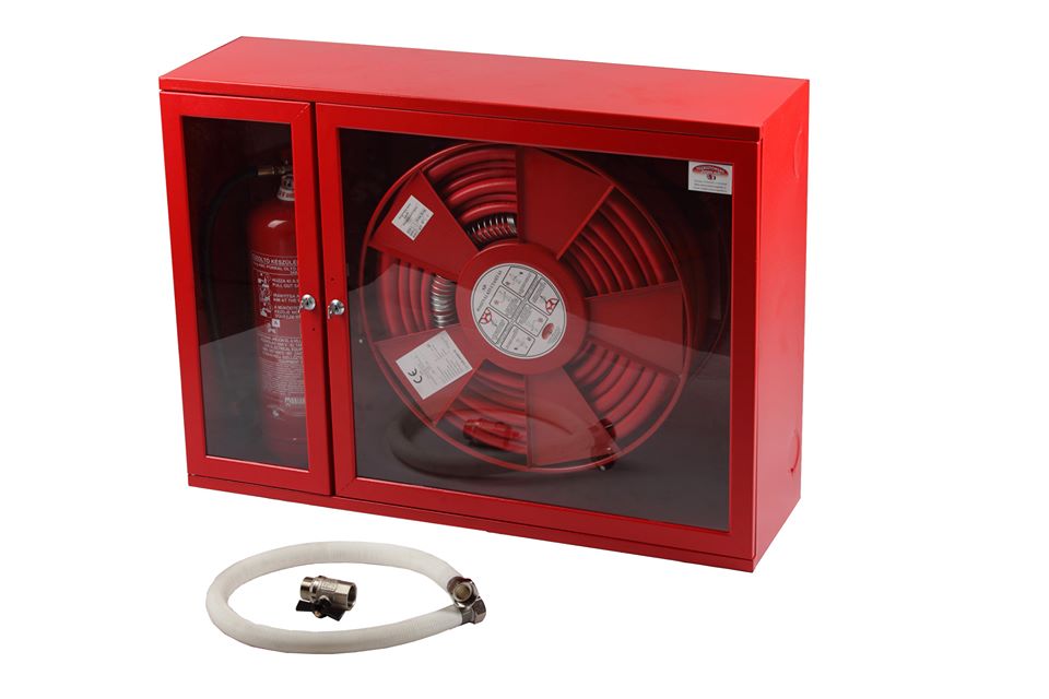 Cutie hidrant cu geam, tambur pentru furtun , yala si locas lateral pentru stingator – RAL 3000 – ( 650x735x250 ) echipata – IMPORT – AVIZ C.E.