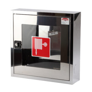 Cutie hidrant Minibox INOX cu geam, suport simplu pentru furtun si yala - ( 500x500x140 ) echipata ( robinet hidrant aluminiu cu racord, rola C cu racorduri, teava MIAMI cu racord ) – IMPORT – AVIZ C.E.