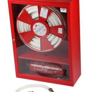 Cutie hidrant ​FURTUN SEMIRIGID – D-25 TEXTURAT ALB​ cu geam si ​locas dedesubt ​pentru stingator – ​( 900x650x260 )​ – ECHIPATA​ ( tambur rabatabil, furtun semirigid D-25 cu exterior texturat alb de 30 ml, teava de refulare si robinet hidrant ) – ​IMPORT – AVIZ C.E.